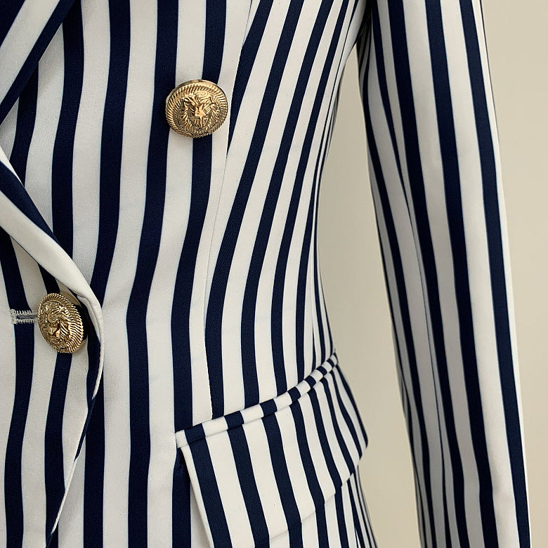Striped Double Breasted Blazer With Ornate Lion Gold Buttons