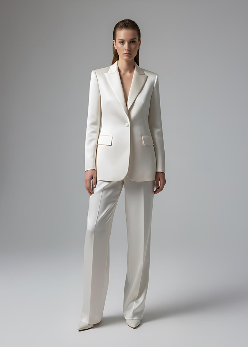 Ivory Satin Pantsuit | Tailored Blazer & Wide-Leg Trousers