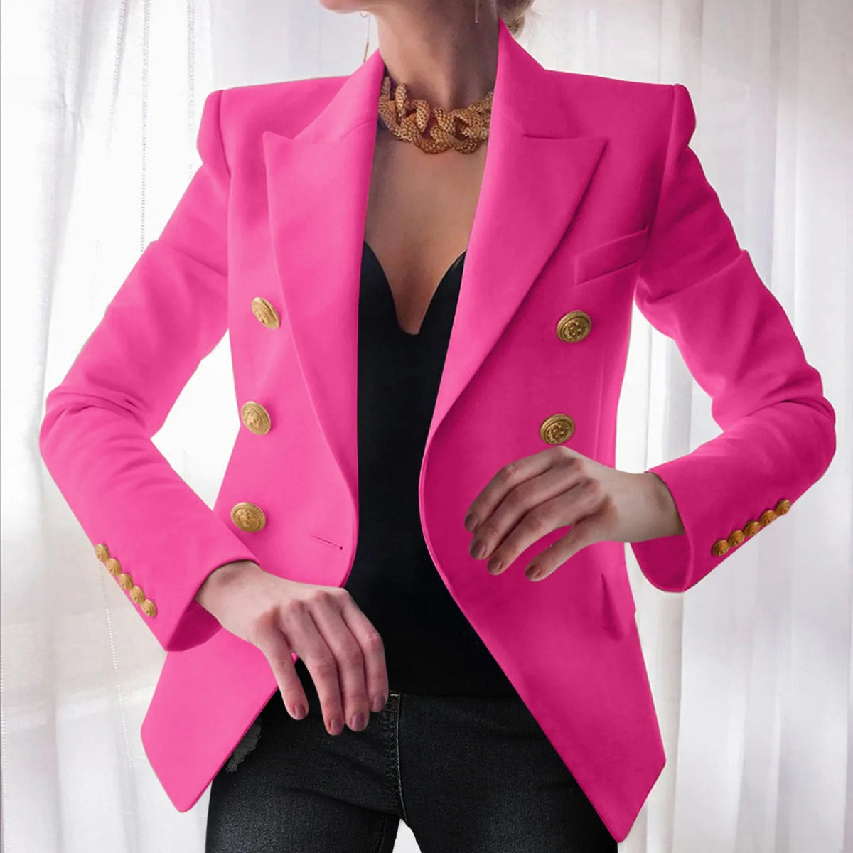 Fuchsia Long Sleeve Blazer With Gold Ornate Buttons
