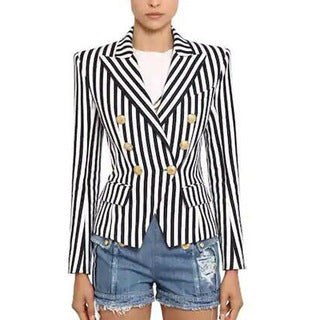 Striped Double Breasted Blazer With Ornate Lion Gold Buttons