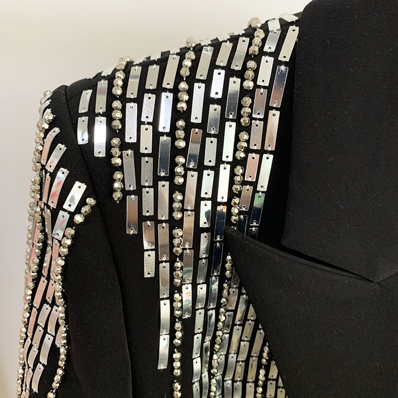 Double Breasted Metal Sheet Blazer With Heavy Industry Beads