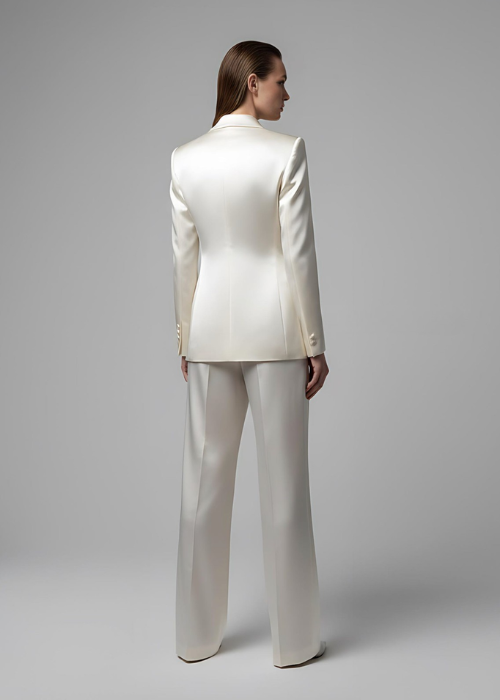 Ivory Satin Pantsuit | Tailored Blazer & Wide-Leg Trousers