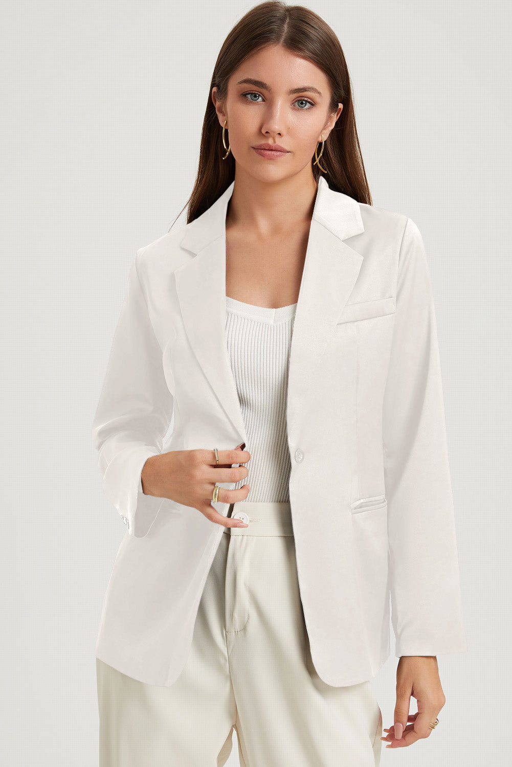 Pocketed Single-Button Lapel Neck White Blazer