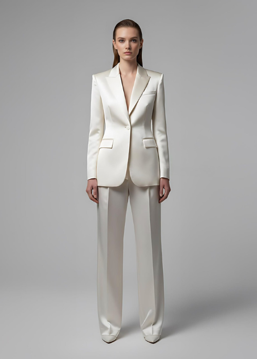 Ivory Satin Pantsuit | Tailored Blazer & Wide-Leg Trousers