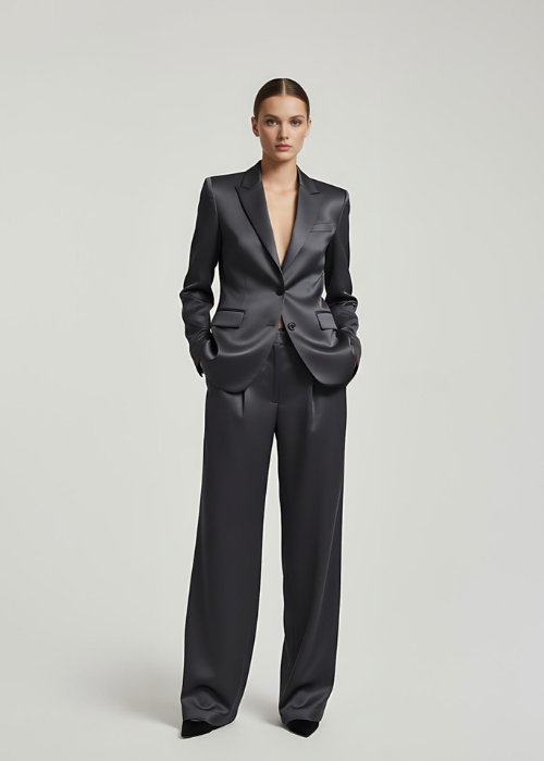 Ivory Satin Pantsuit | Tailored Blazer & Wide-Leg Trousers