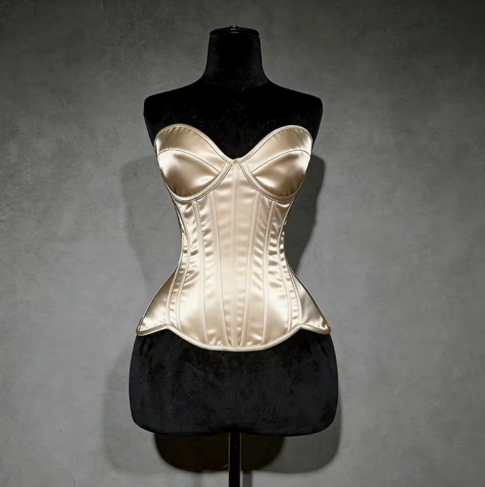 Champagne satin overbust corset with structured cups and steel boning on a black mannequin against a grey background.