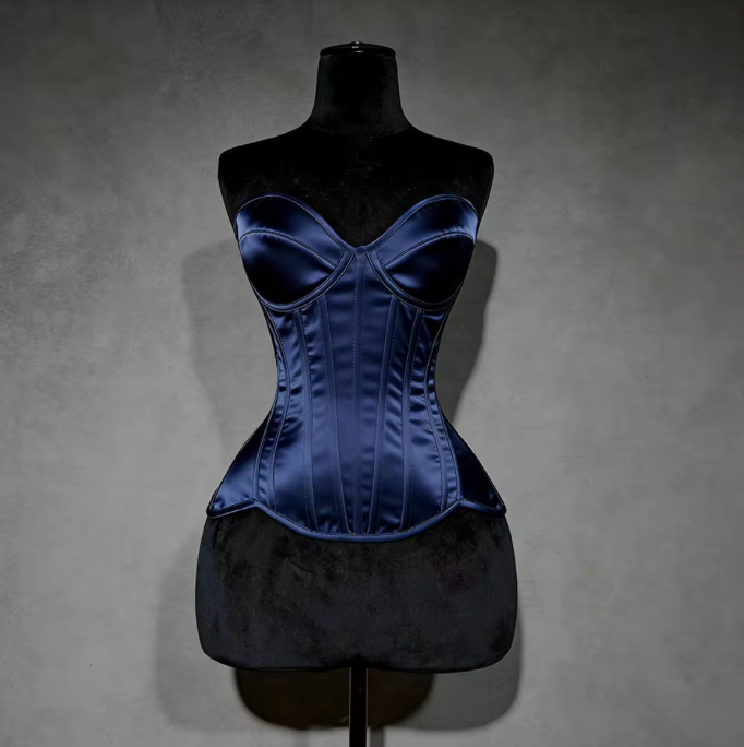 Navy blue satin overbust corset with structured cups and steel boning on a black mannequin display.