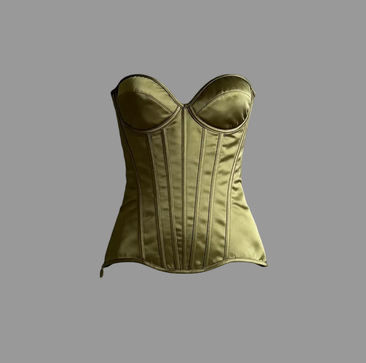 Olive green satin overbust corset with structured cups, steel boning, and a sleek, strapless silhouette.
