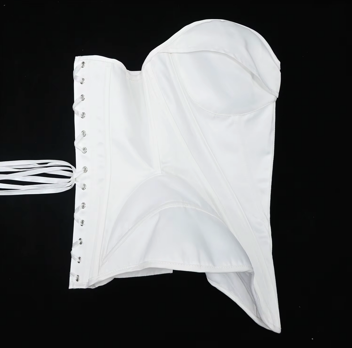 White satin bridal corset bustier featuring structured boning, a strapless design, and a classic lace-up back closure.
