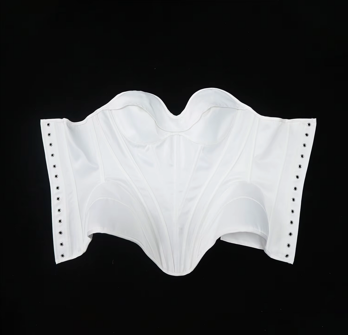 White satin bridal corset bustier featuring structured boning, a sweetheart neckline, and side lace-up grommet detailing.
