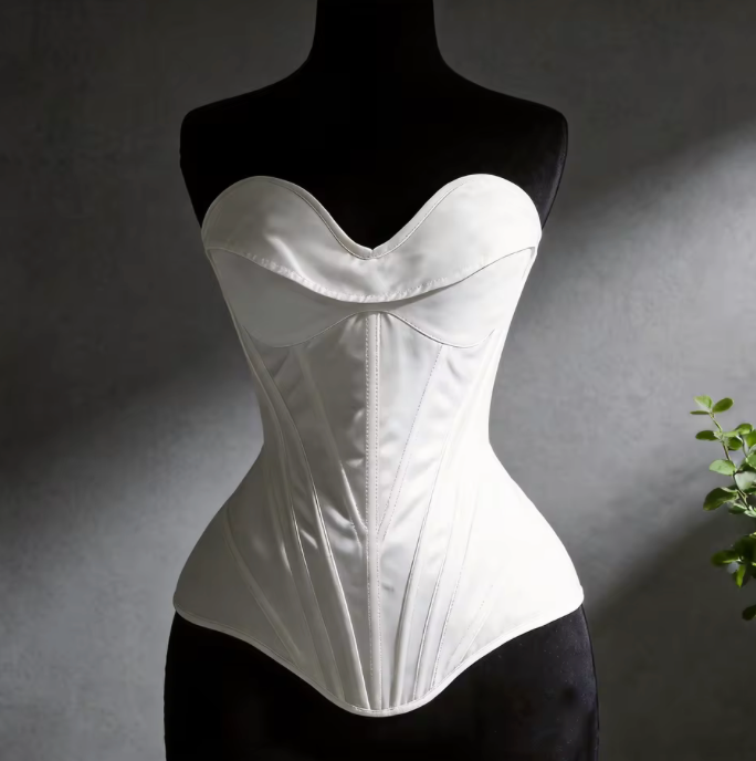 White satin Bella corset bustier with structured boning and sweetheart neckline on a black mannequin.