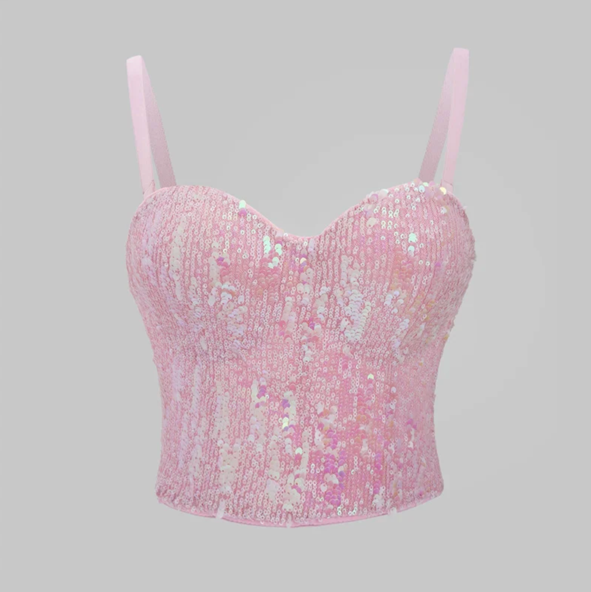 Pink sequin corset bustier top with a structured sweetheart neckline and adjustable spaghetti straps.