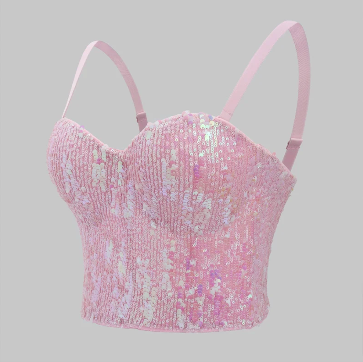 Bobi pink sequin corset bustier top with adjustable spaghetti straps and a structured, Y2K-inspired fitted silhouette.