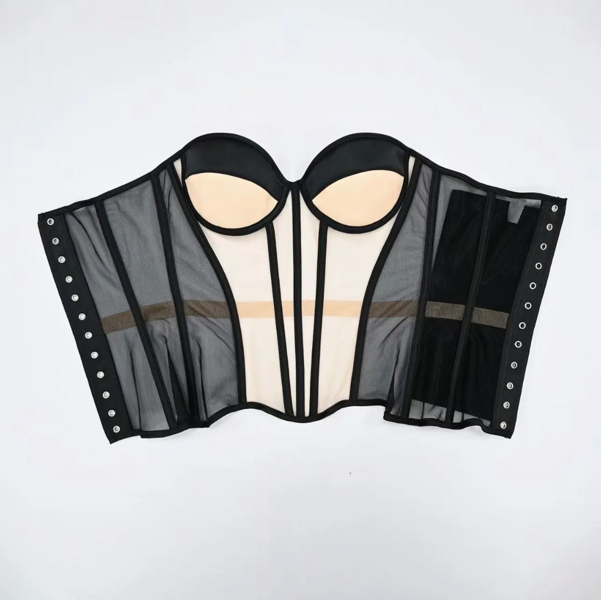 Dora black strapless mesh corset with structured boning, padded cups, and silver grommet side closures.