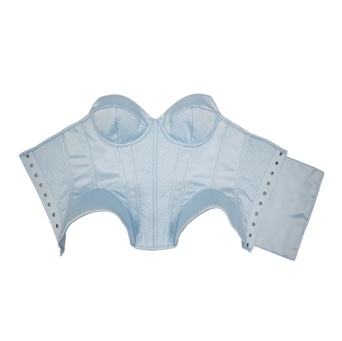 Light blue satin corset bustier with structured boning, stitched cup detailing, and side lace-up eyelet closures.