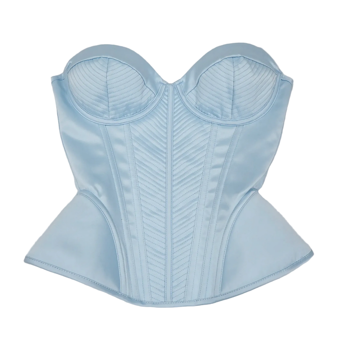 Light blue satin corset bustier with structured boning, stitched panel detailing, and a sculpted peplum silhouette.