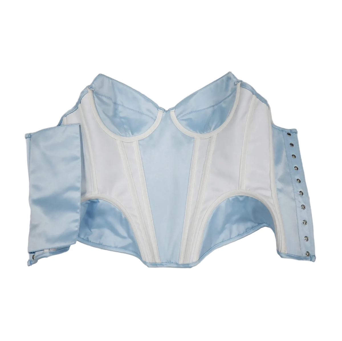 Enni luxury corset bustier in light blue and white satin with structured boning and side hook-and-eye closures.