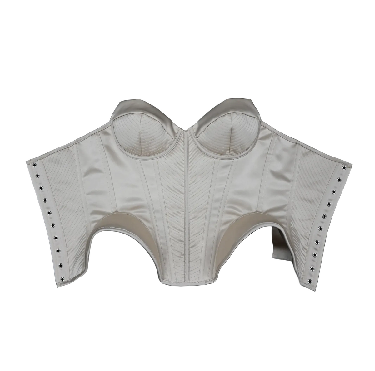 Enni luxury champagne satin corset bustier with structured boning, sweetheart neckline, and side lace-up grommets.