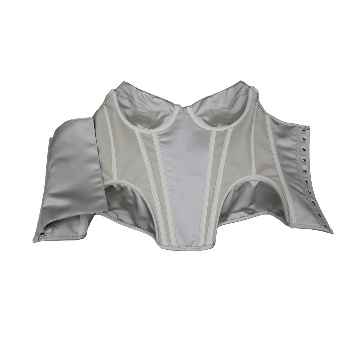 Enni luxury silver satin corset bustier with structured boning, mesh panels, and a side lace-up closure.