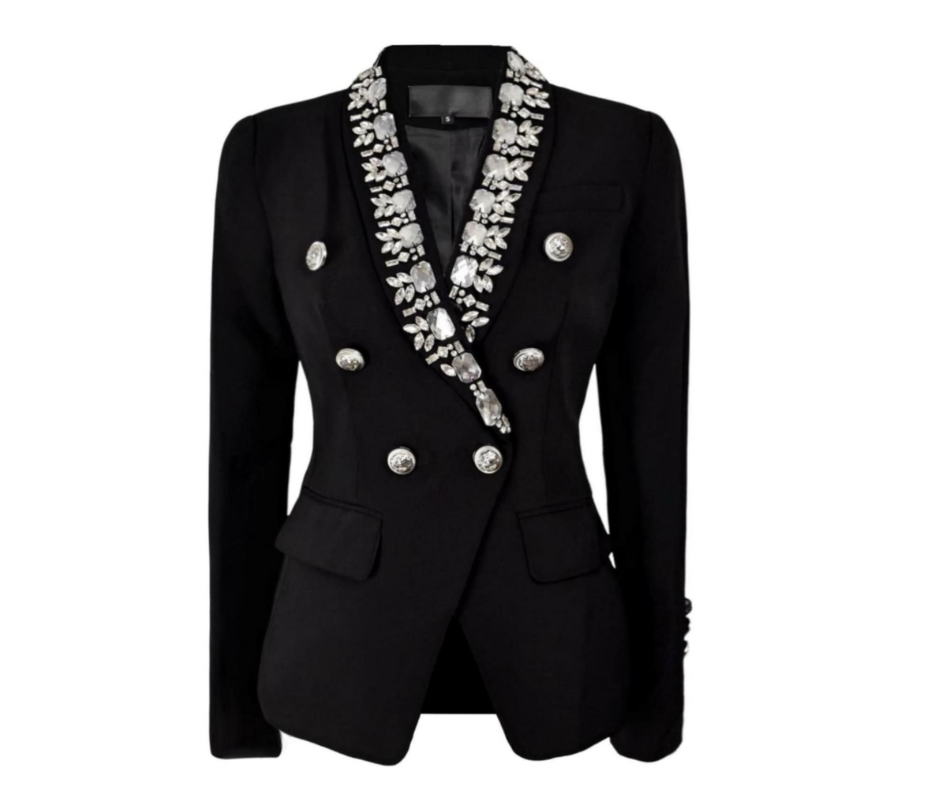 Casual Long Sleeve Black Blazer With Rhinestones