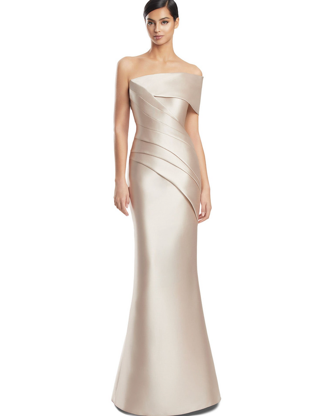 Champagne satin twill floor-length gown with an off-the-shoulder neckline and structured pleated bodice.