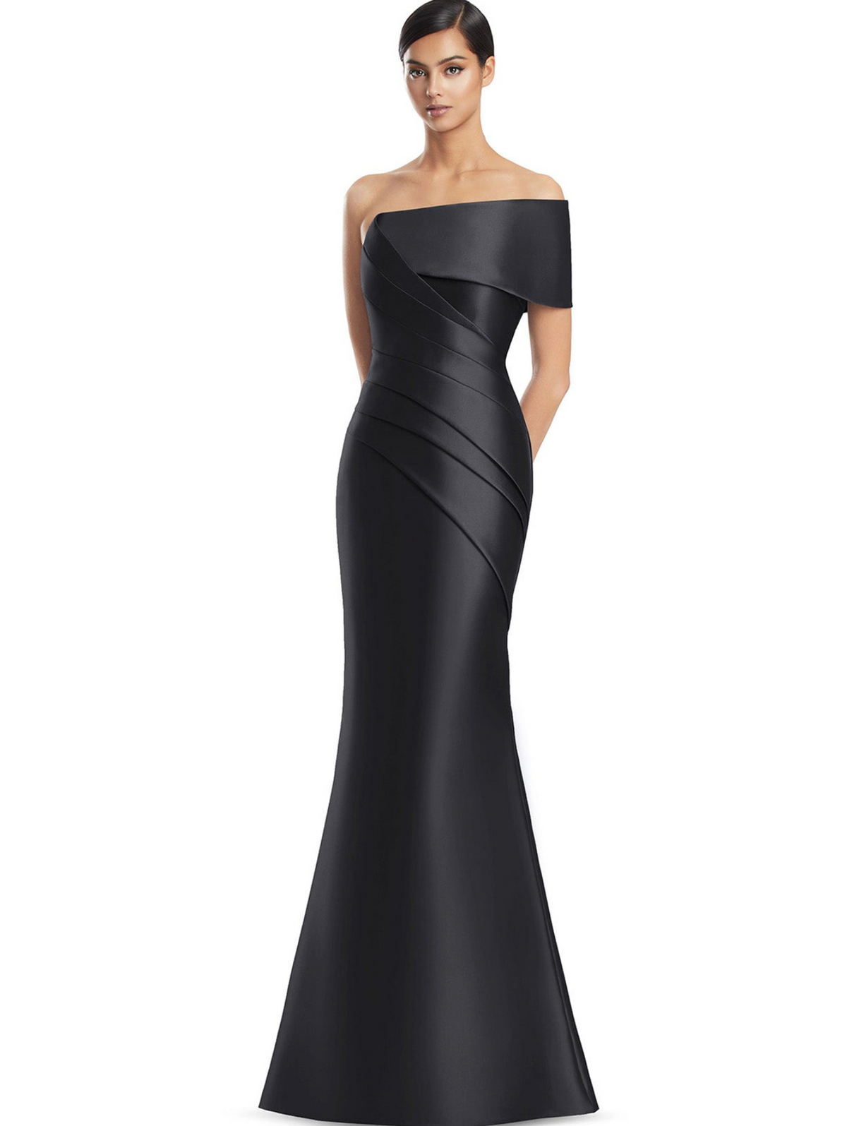Black satin twill floor-length gown with an off-the-shoulder neckline and structured, pleated bodice design.
