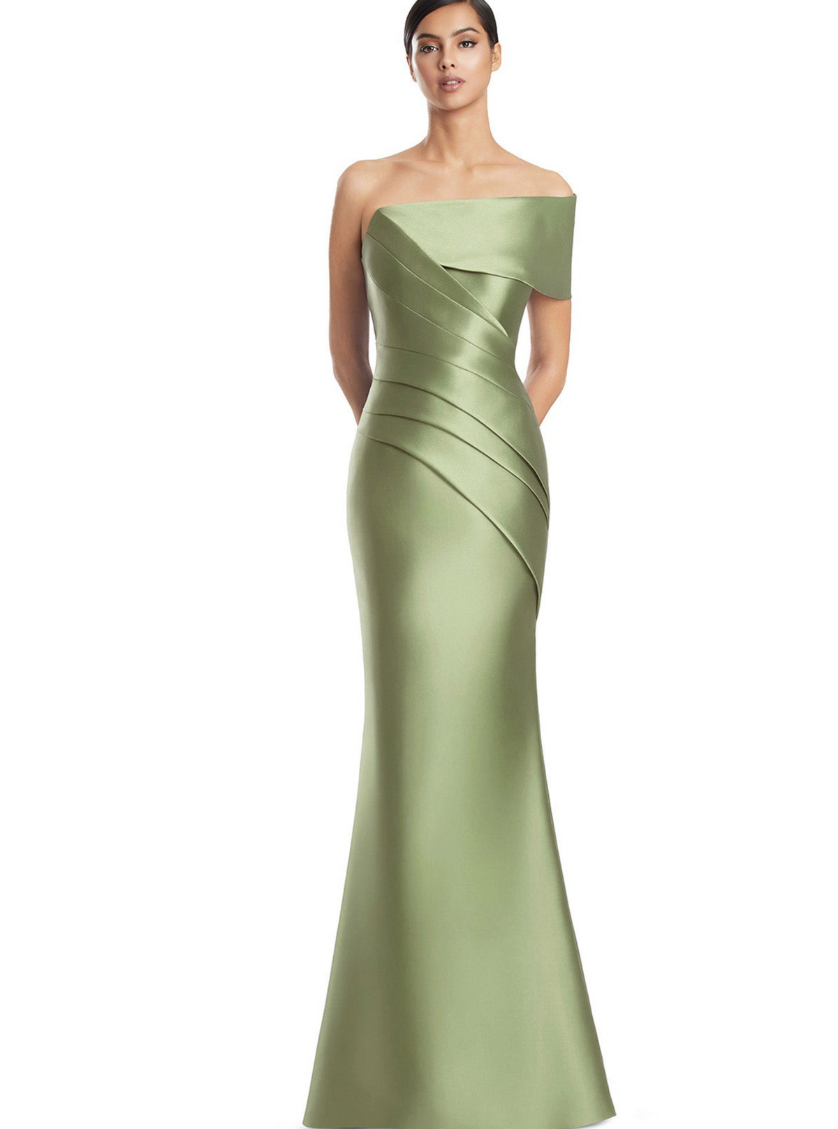 Sage green off-the-shoulder satin twill evening gown with structured pleated bodice and floor-length silhouette.
