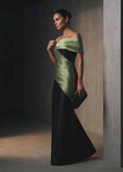 Model wearing a structured, floor-length black and sage green satin twill gown with an elegant off-the-shoulder bodice.