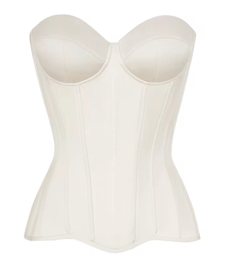 Fynn strapless cream bandage corset top with a structured, waist-cinching silhouette and minimalist design.