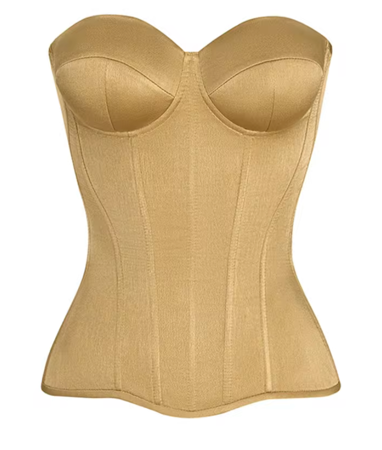 Gold strapless bandage corset top with a structured, cinched waist and minimalist cropped silhouette.