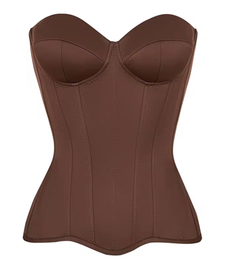 Fynn strapless brown bandage corset top with a structured, waist-cinching silhouette and sweetheart neckline.