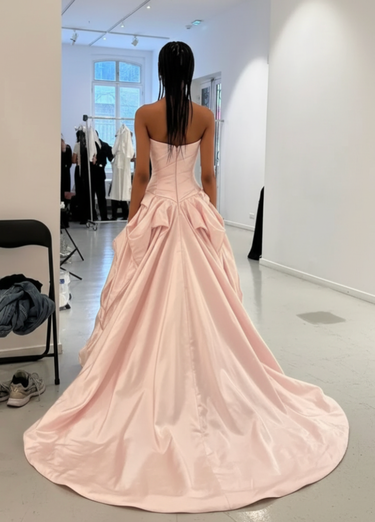 Back view of a pale pink satin off-shoulder A-line gown with a pleated bodice and a dramatic sweeping train.