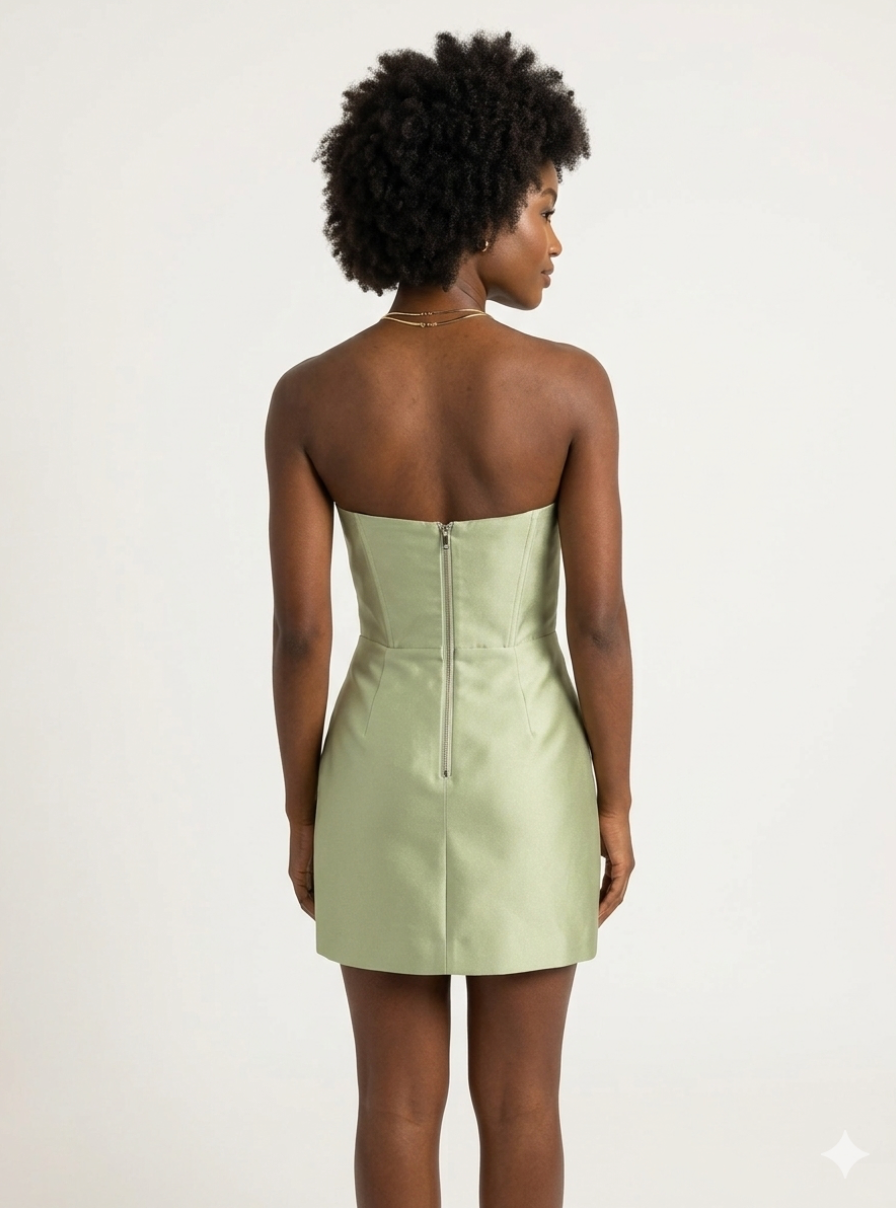Back view of a sage green strapless satin mini dress with a structured bodice and exposed center back zipper.