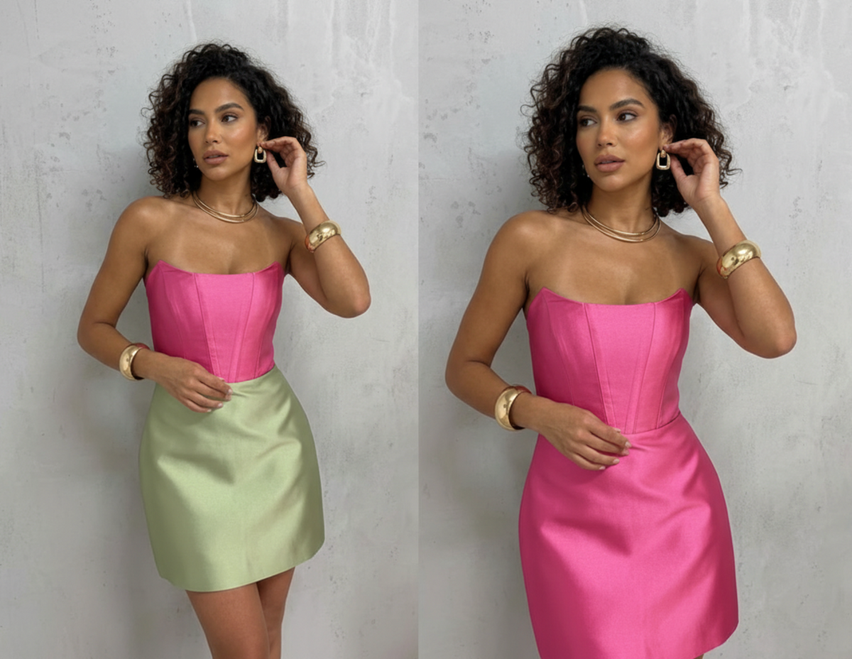 Model wearing a strapless satin mini dress with architectural corset-style bodice in pink and green color options.