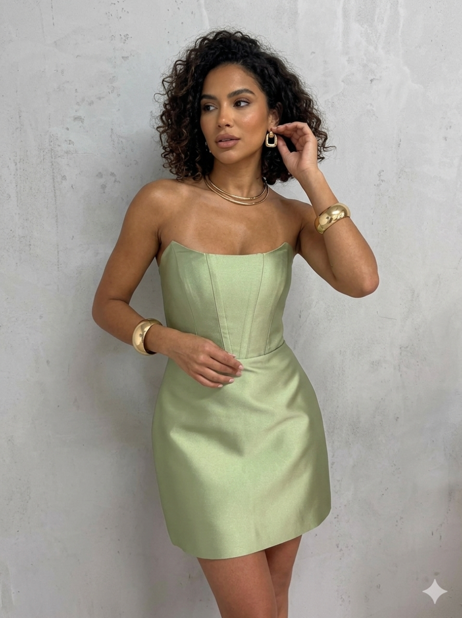 Sage green satin strapless mini dress with architectural corset-style bodice and clean, polished silhouette.