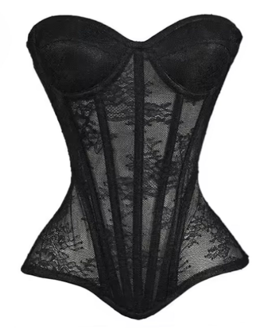 Gia black steel-boned corset bustier in premium sheer mesh with structured Victorian-inspired paneling.