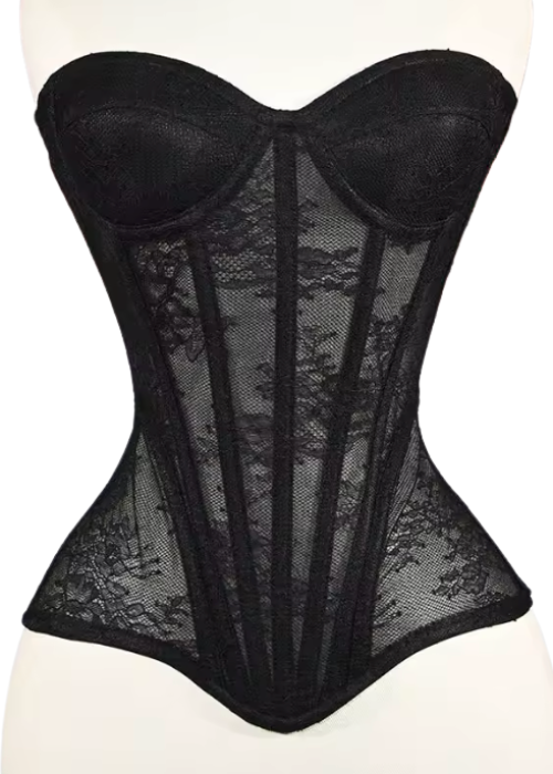 Gia black mesh corset bustier featuring steel-boned construction for waist sculpting and a structured Victorian-inspired design.