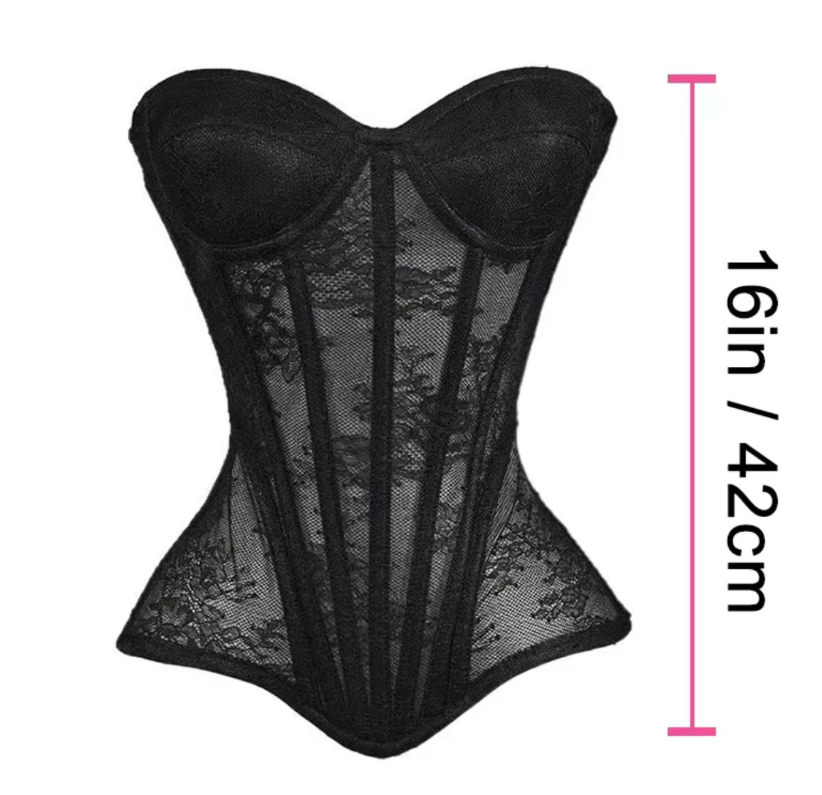 Black mesh corset bustier with steel-boned construction and lace detailing, measuring 16 inches or 42 centimeters in length.