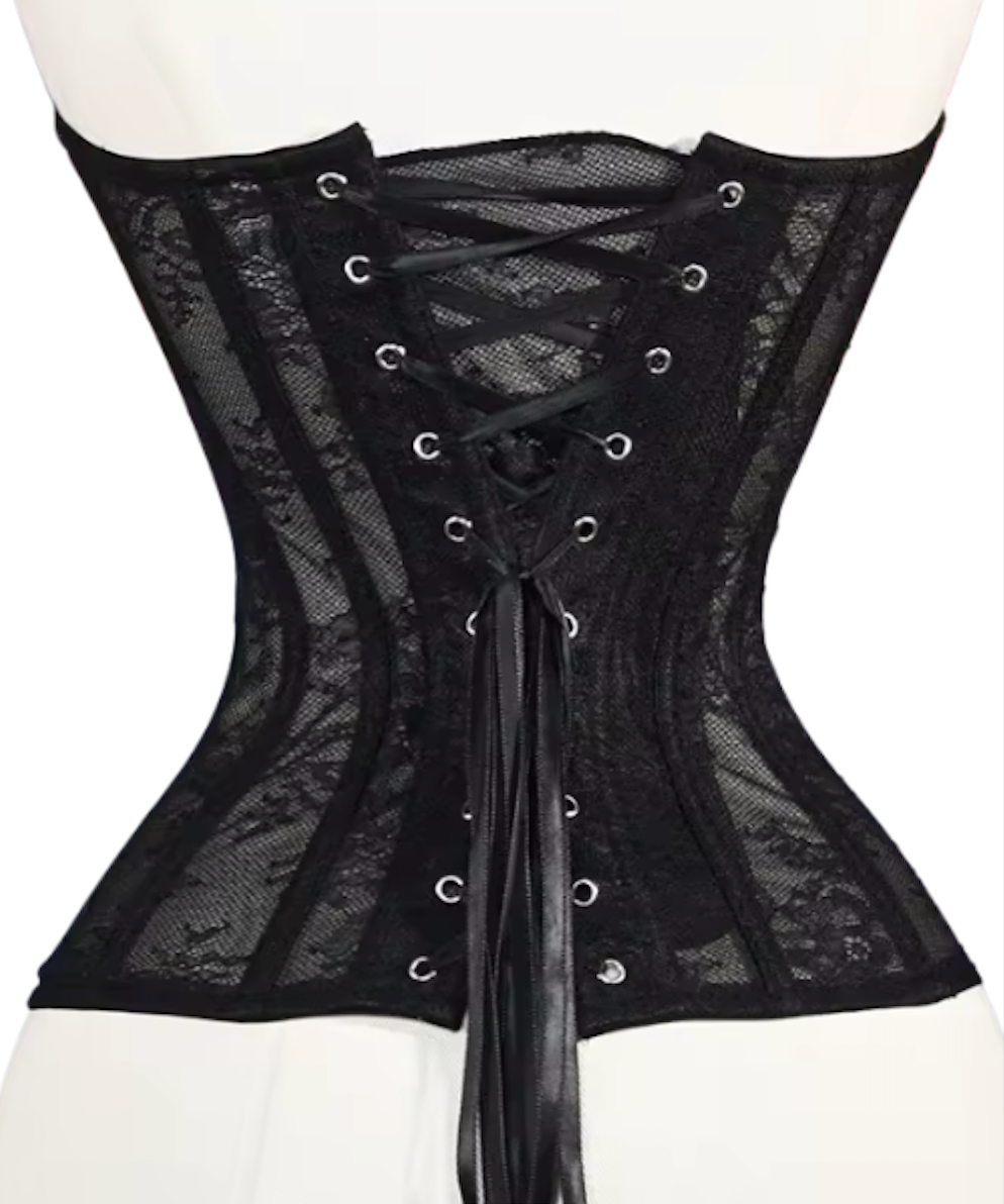 Black mesh corset bustier featuring steel-boned construction, lace detailing, and a classic ribbon lace-up back closure.