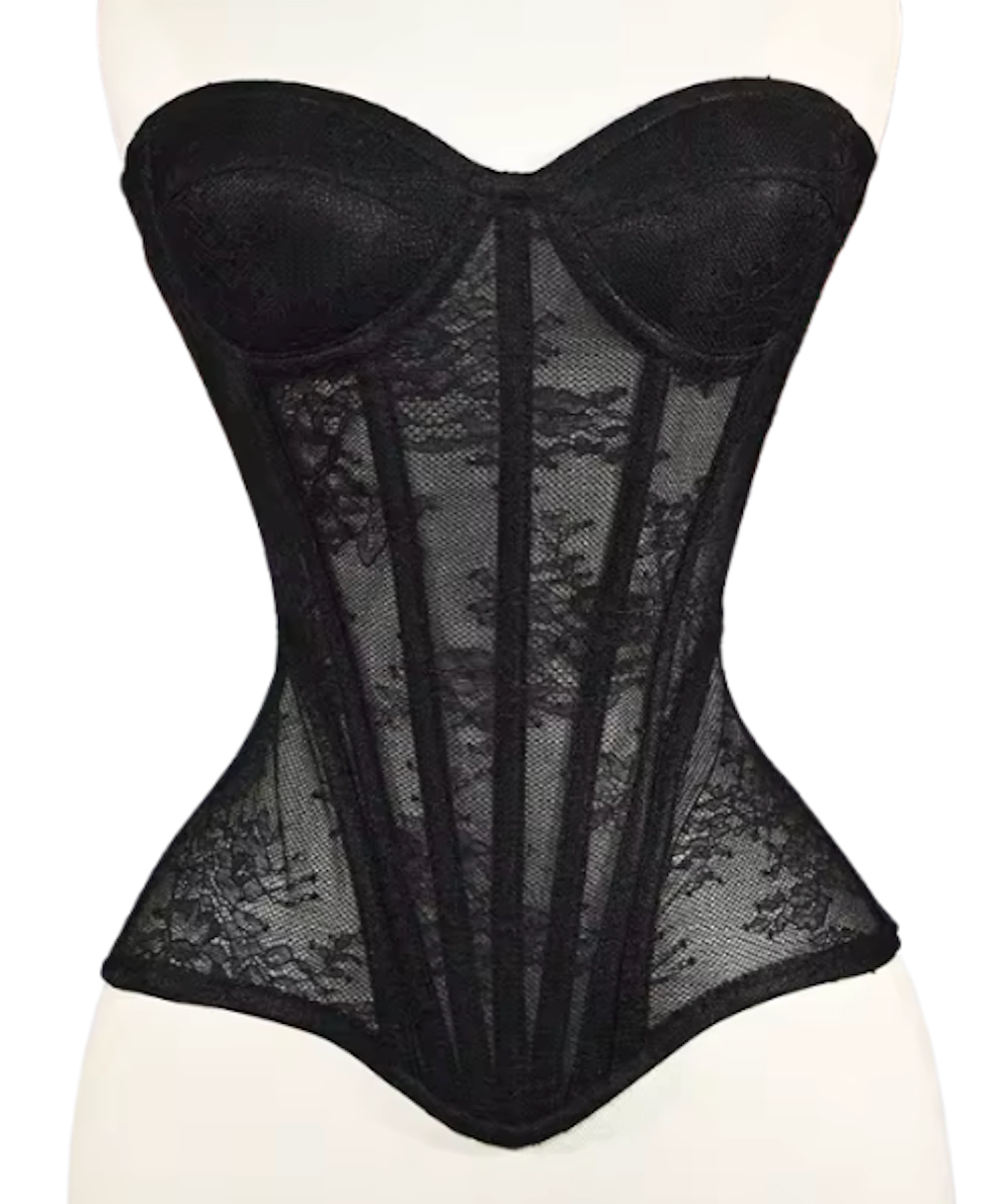 Gia black mesh corset bustier with steel-boned construction, sweetheart neckline, and intricate lace detailing.
