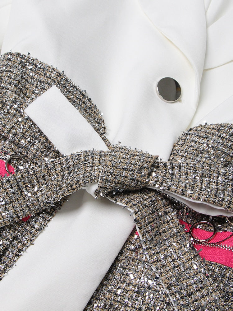 Single Button Patchwork Office Blazer With Belt