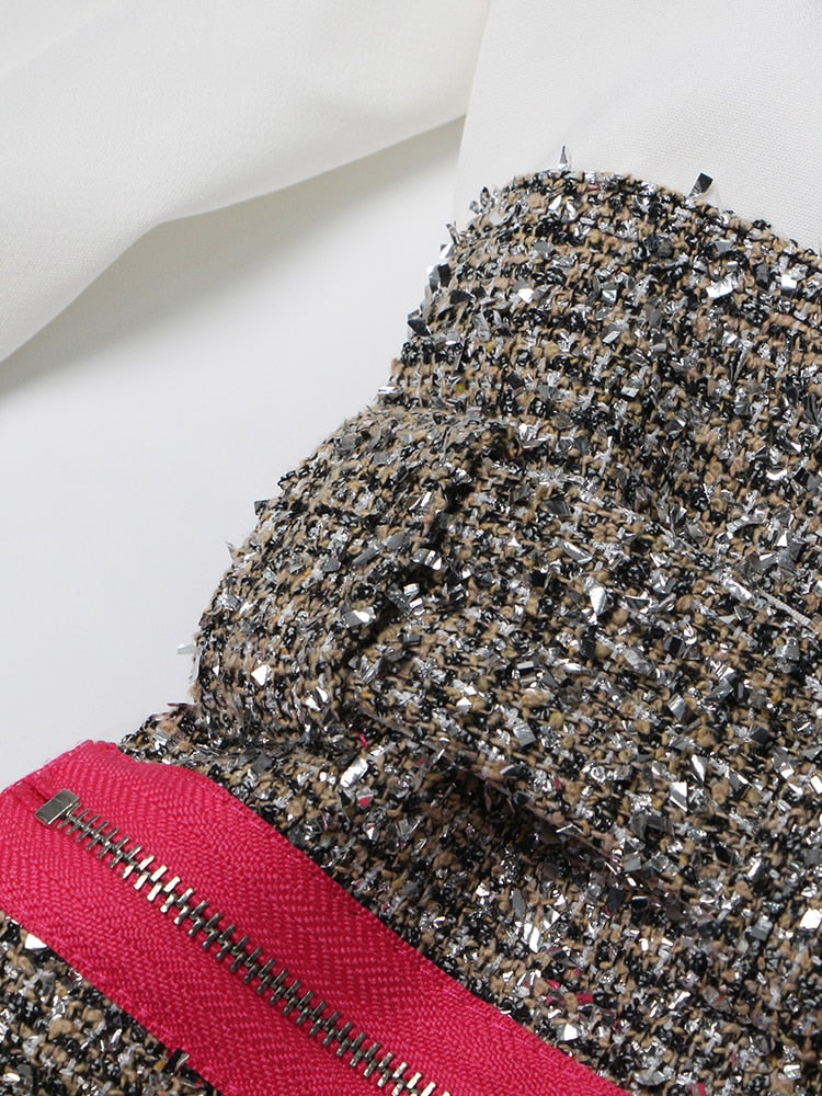 Single Button Patchwork Office Blazer With Belt