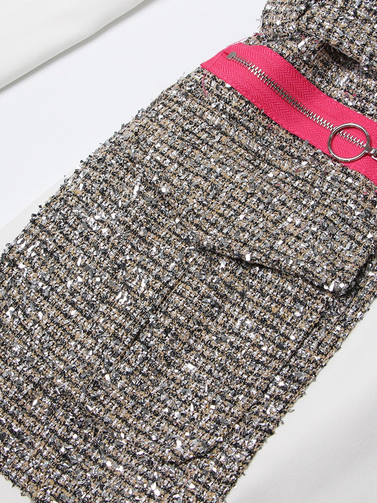 Single Button Patchwork Office Blazer With Belt