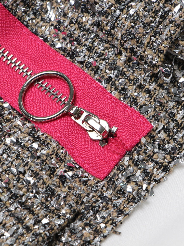 Single Button Patchwork Office Blazer With Belt