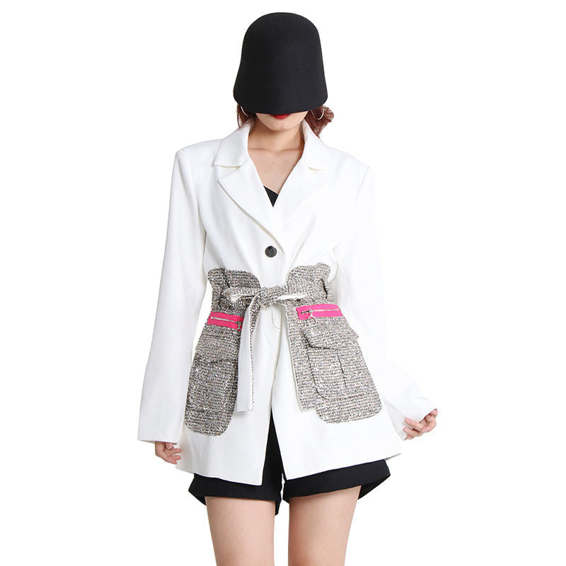 Single Button Patchwork Office Blazer With Belt