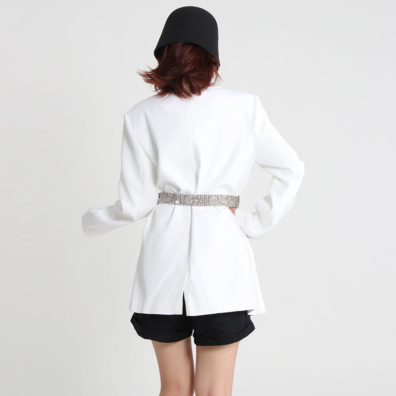 Single Button Patchwork Office Blazer With Belt