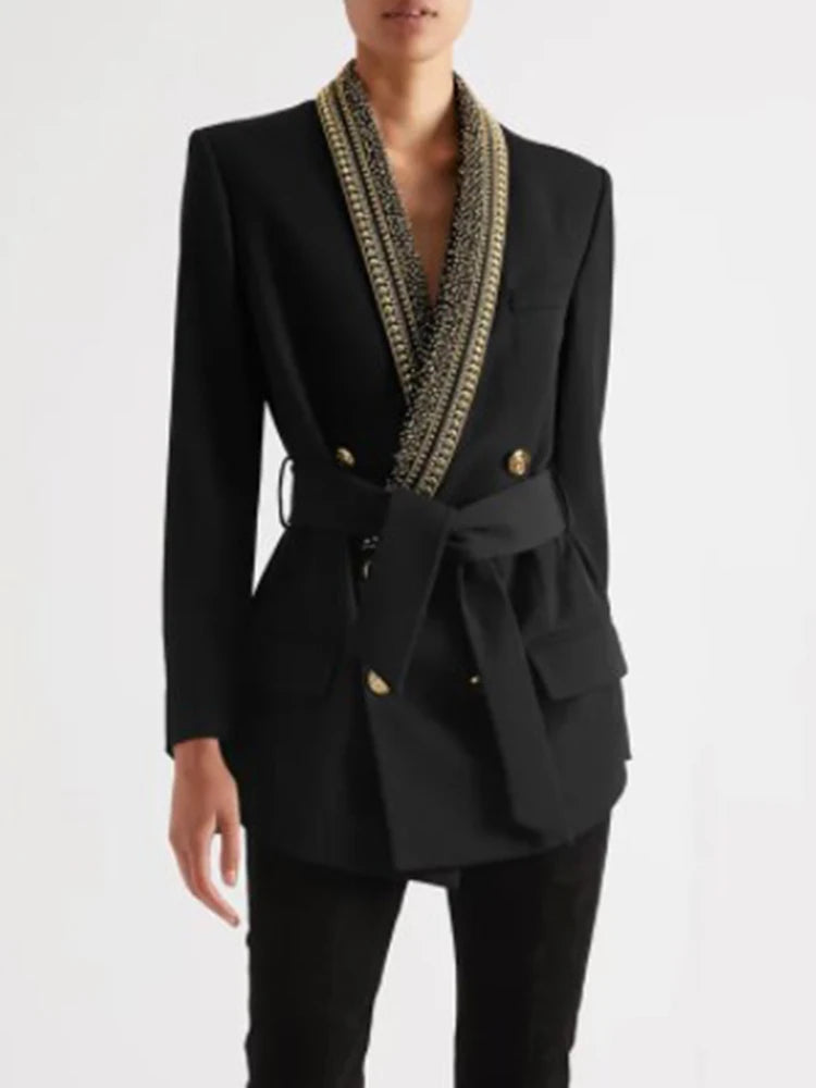 V-Neck Double Beaded Blazer Dress With Full Sleeves