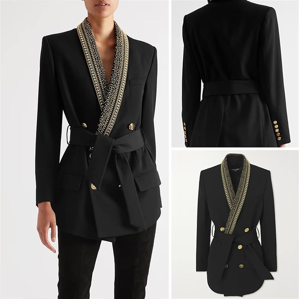 V-Neck Double Beaded Blazer Dress With Full Sleeves