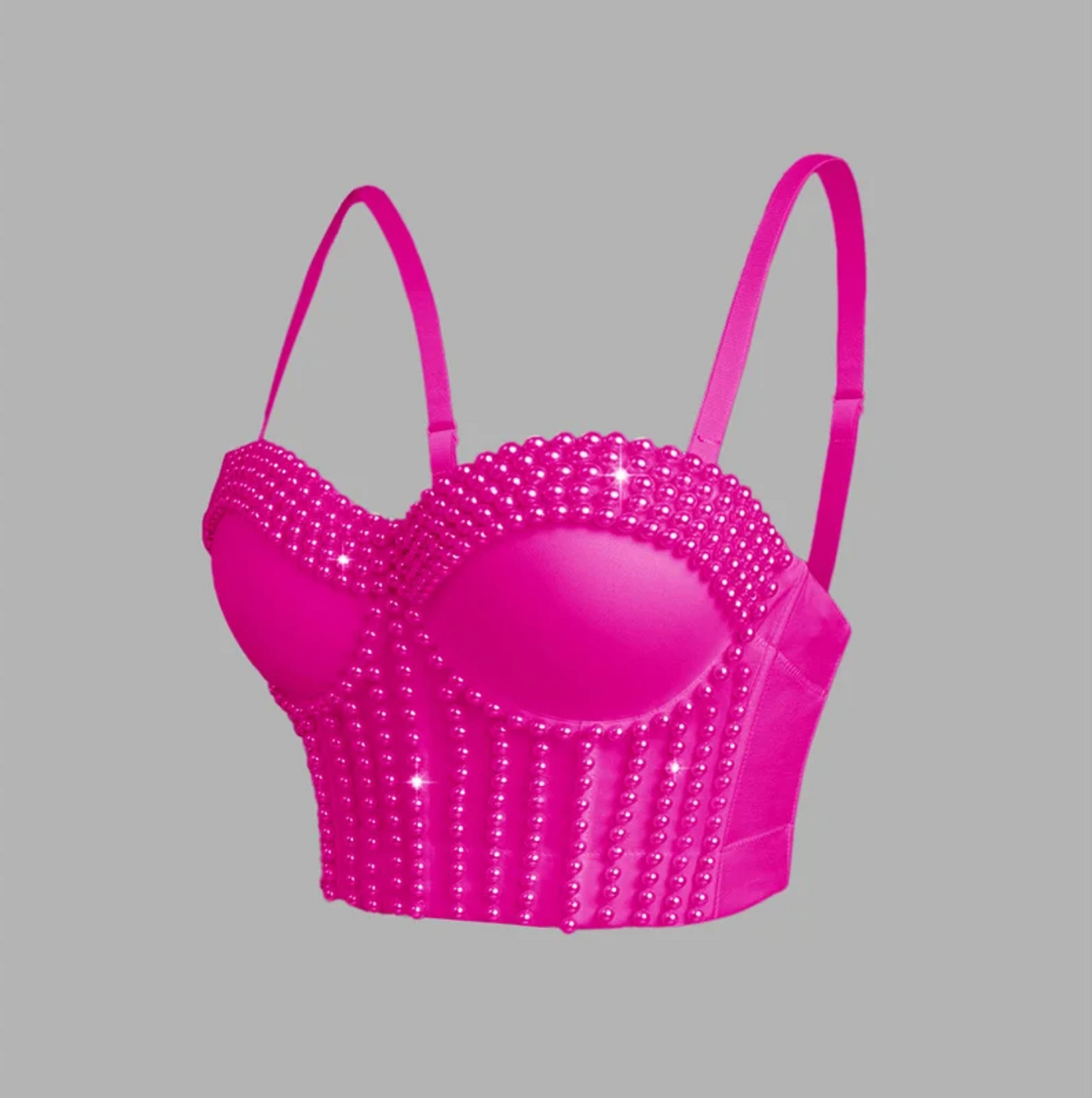 Hot pink handmade corset camisole featuring vertical rows of decorative beads and adjustable straps.