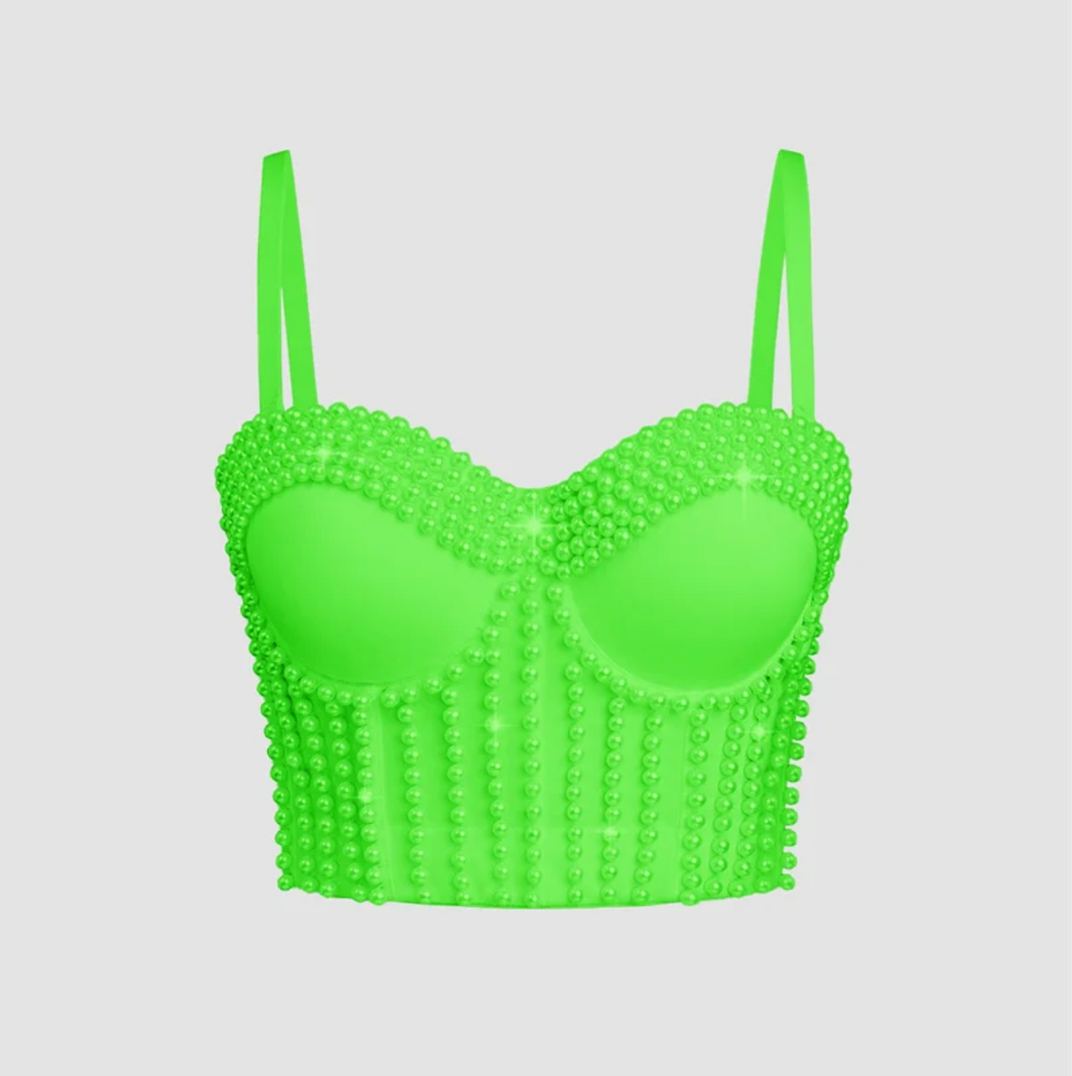 Bright neon green corset camisole featuring decorative beaded embellishments and a structured, form-fitting design.